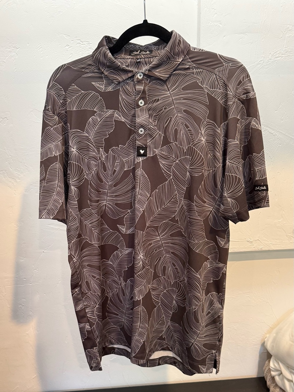 Bad Birdie Men's Gray Leaf-Print Polo Shirt